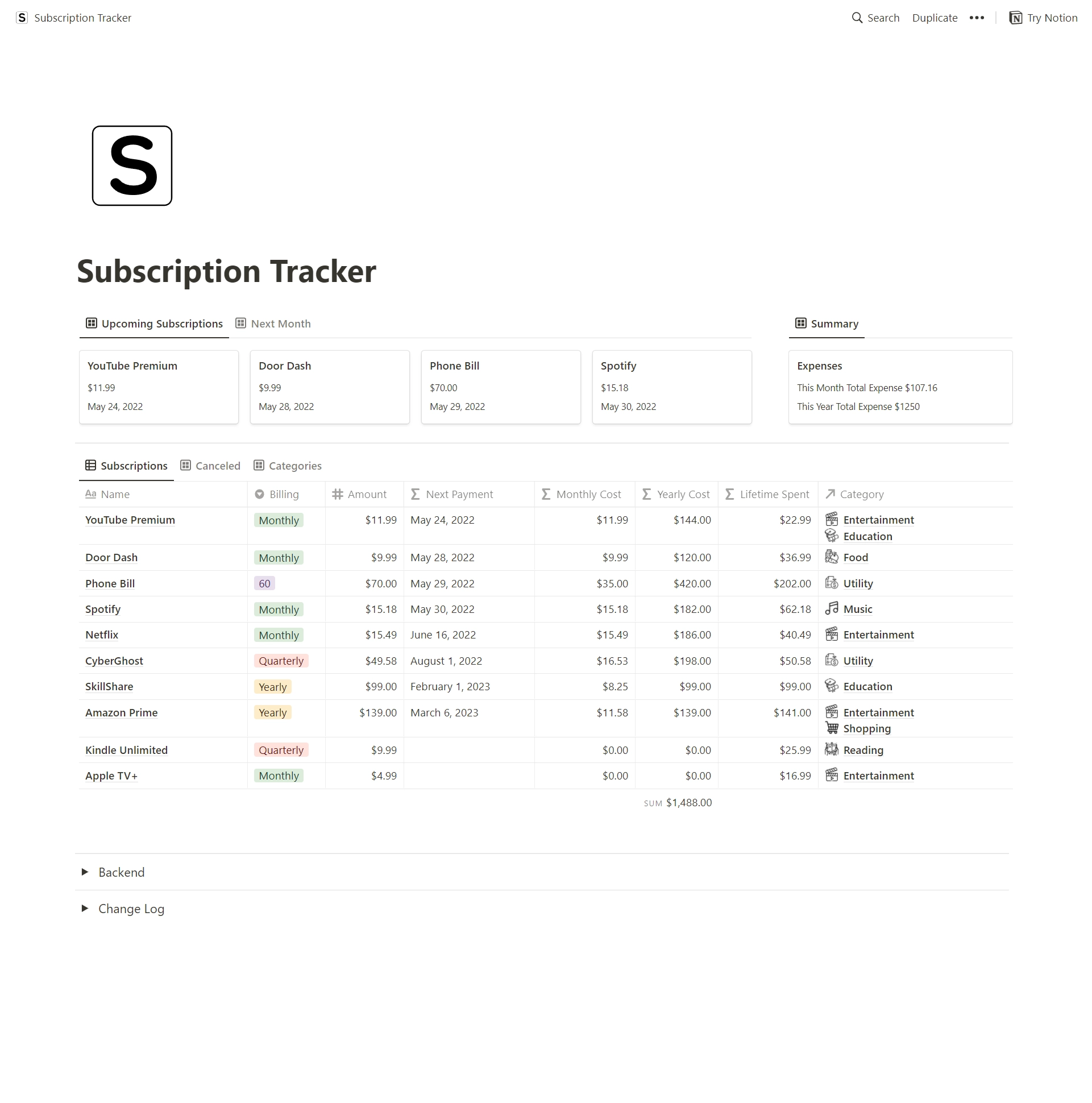 Subscription tracker notion template image