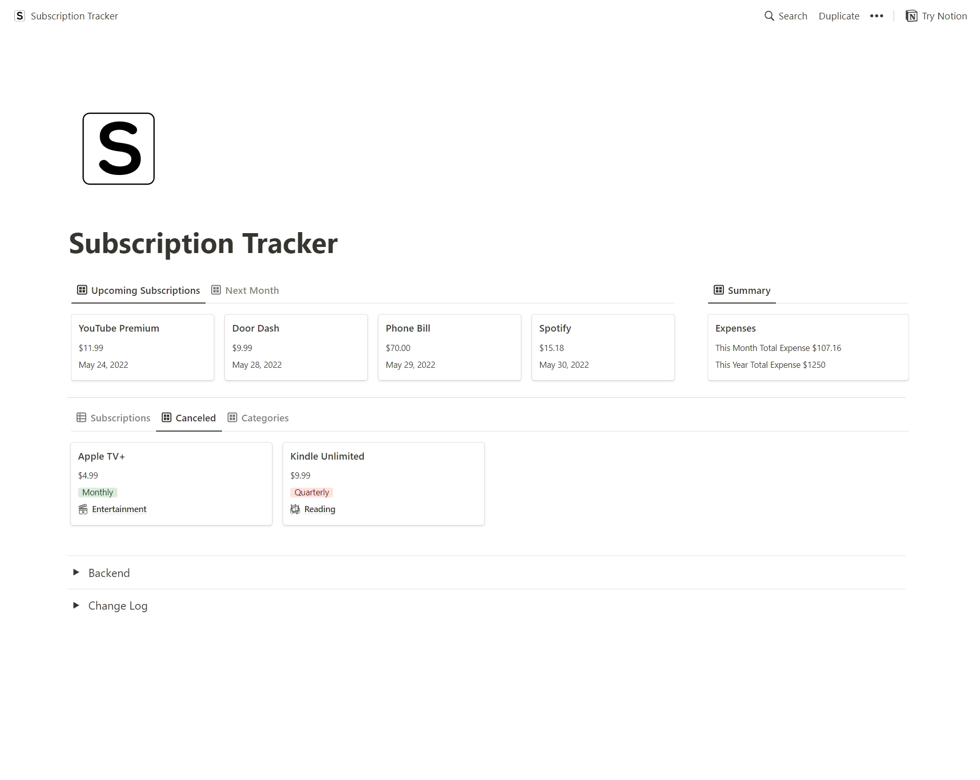 Notion Subscription Tracker  Template