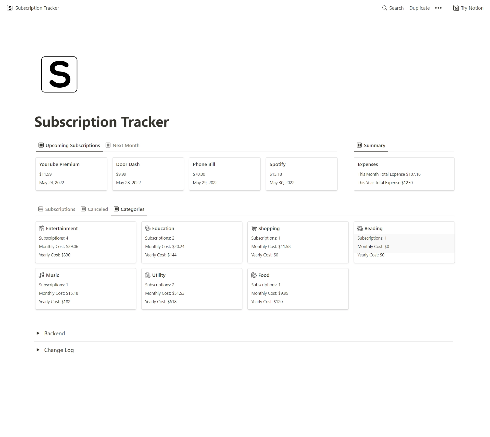 Subscription Tracker Notion Template