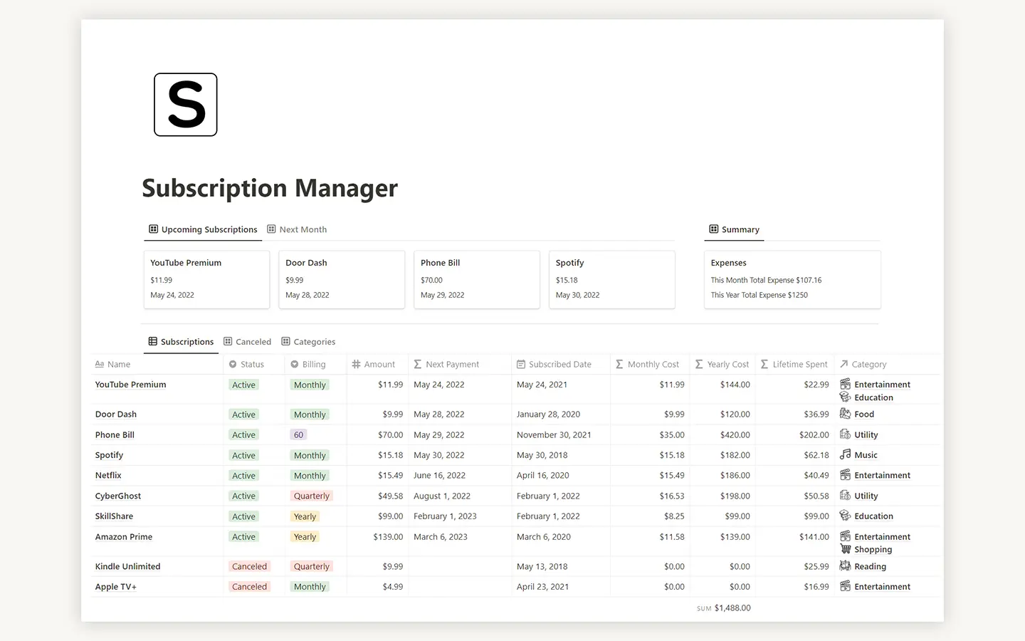 Subscription Tracker Notion Template