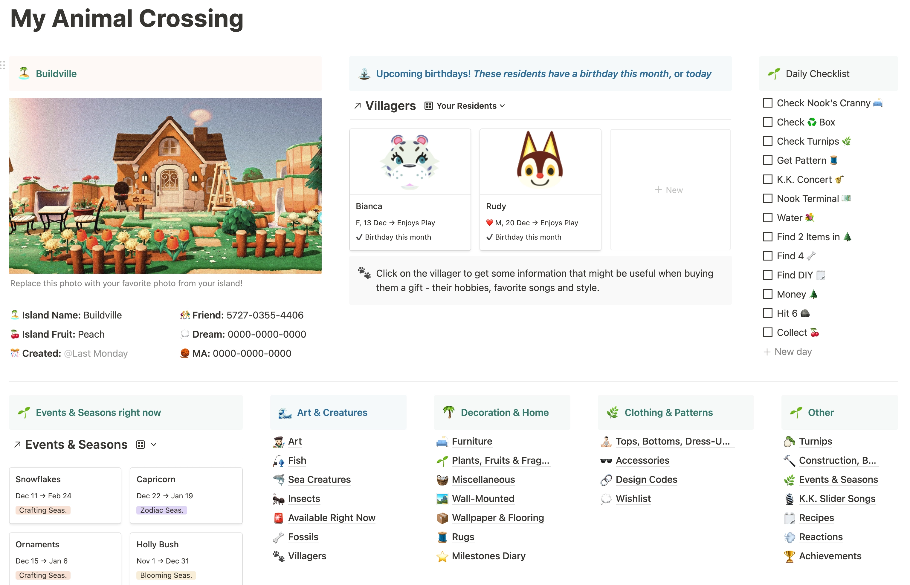 Animal Crossing Tracking Template