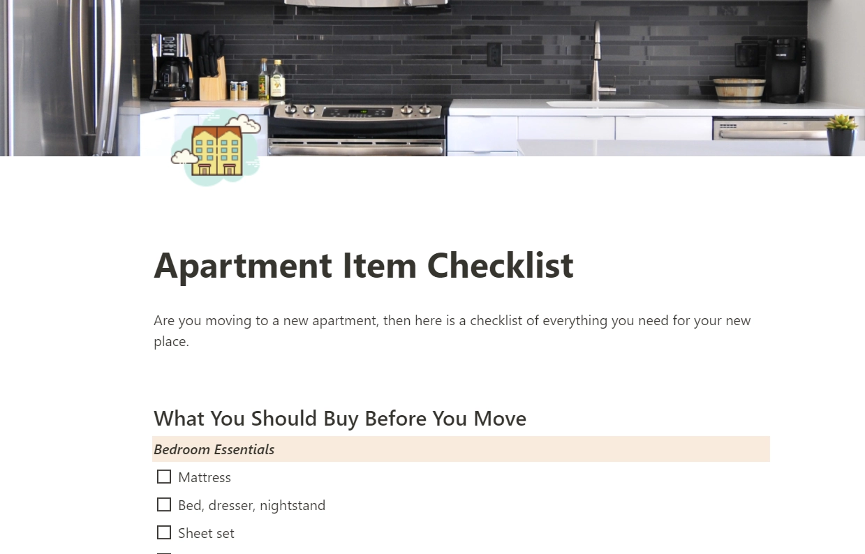 Apartment Items Checklist