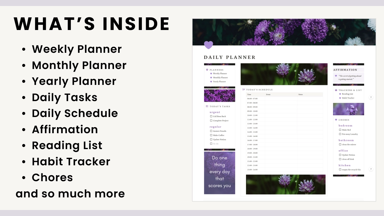 Notion Daily Planner - Purple Flowers Template