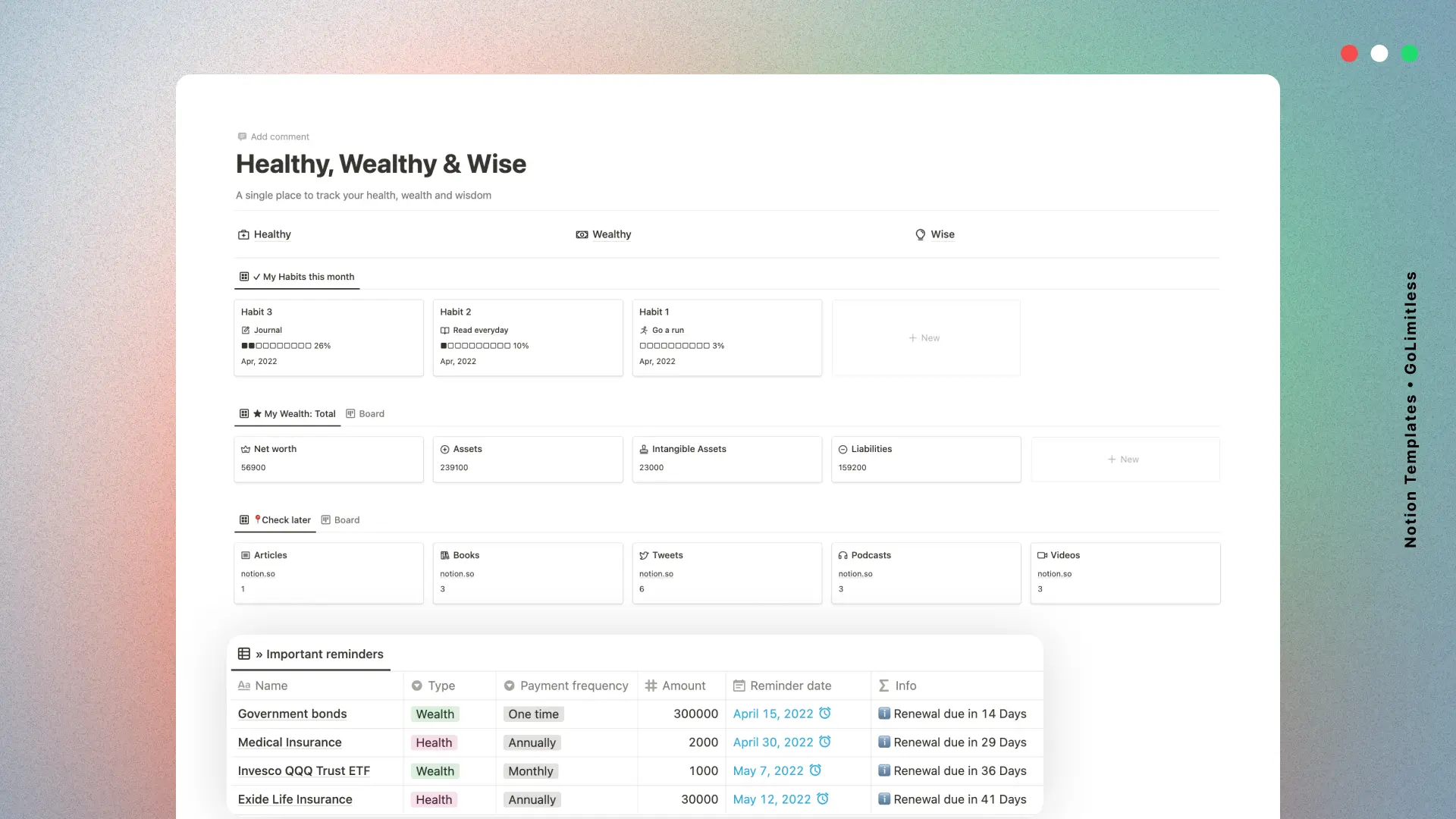 Healthy, Wealthy & Wise Notion Dashboard image