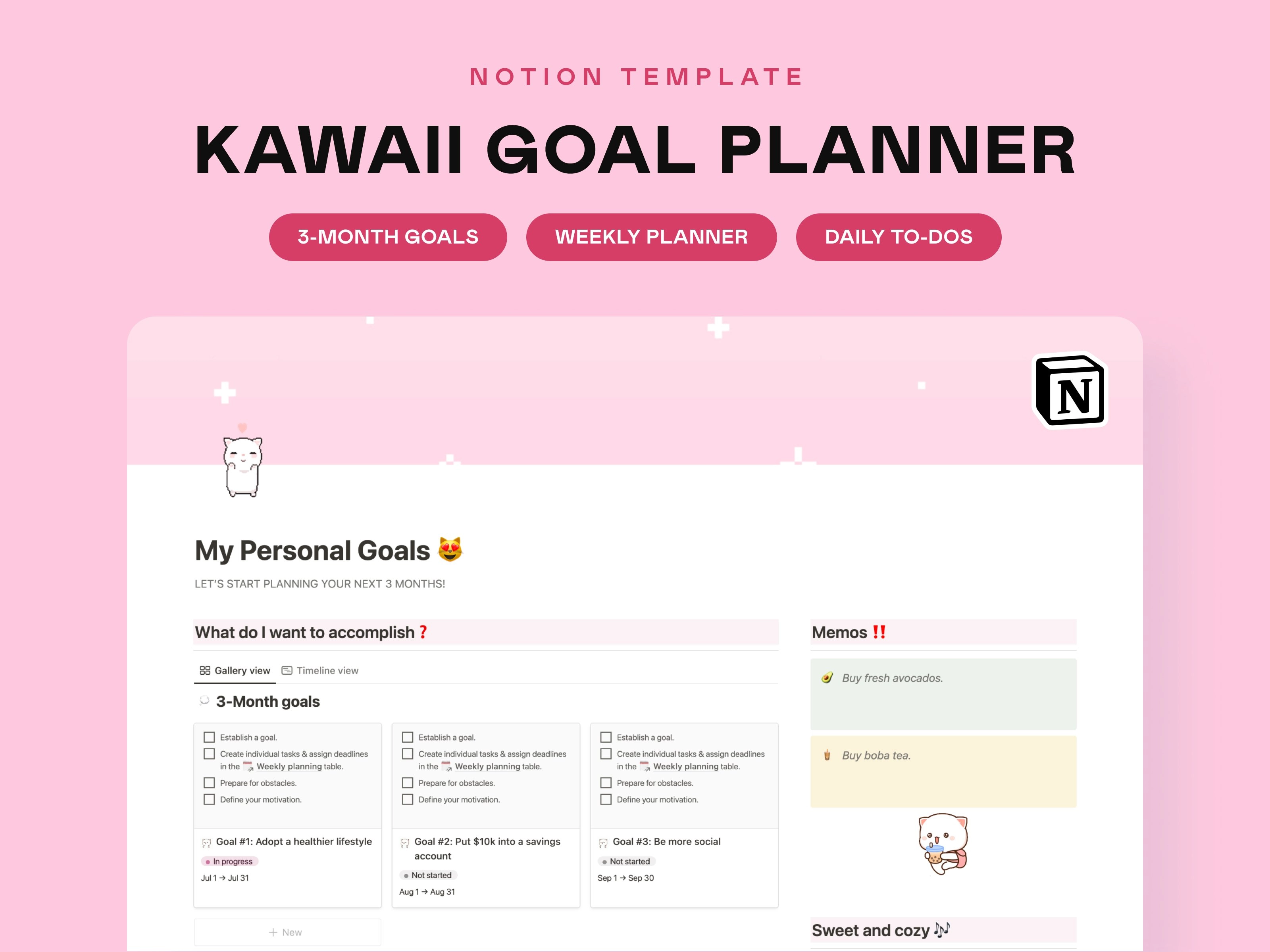 Kawaii Digital Monthly Goal Tracker