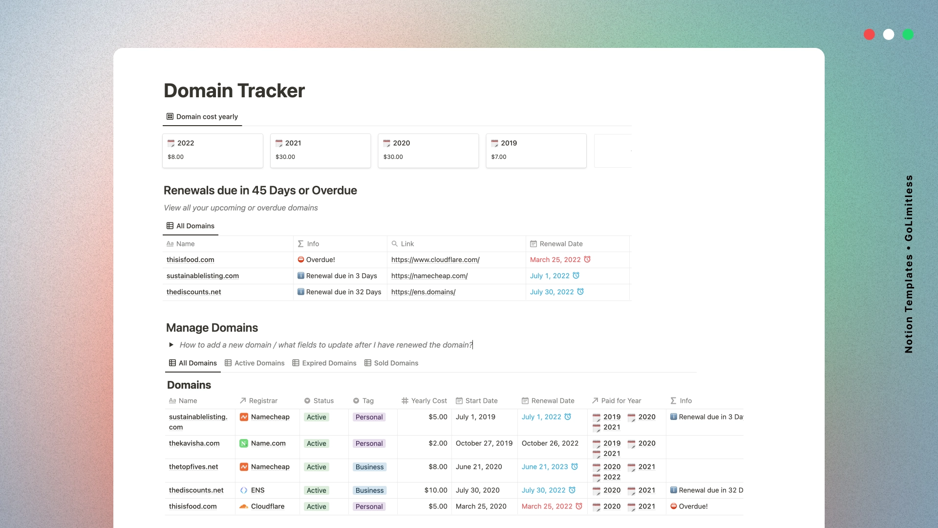 Limitless Notion Template Domain Tracker