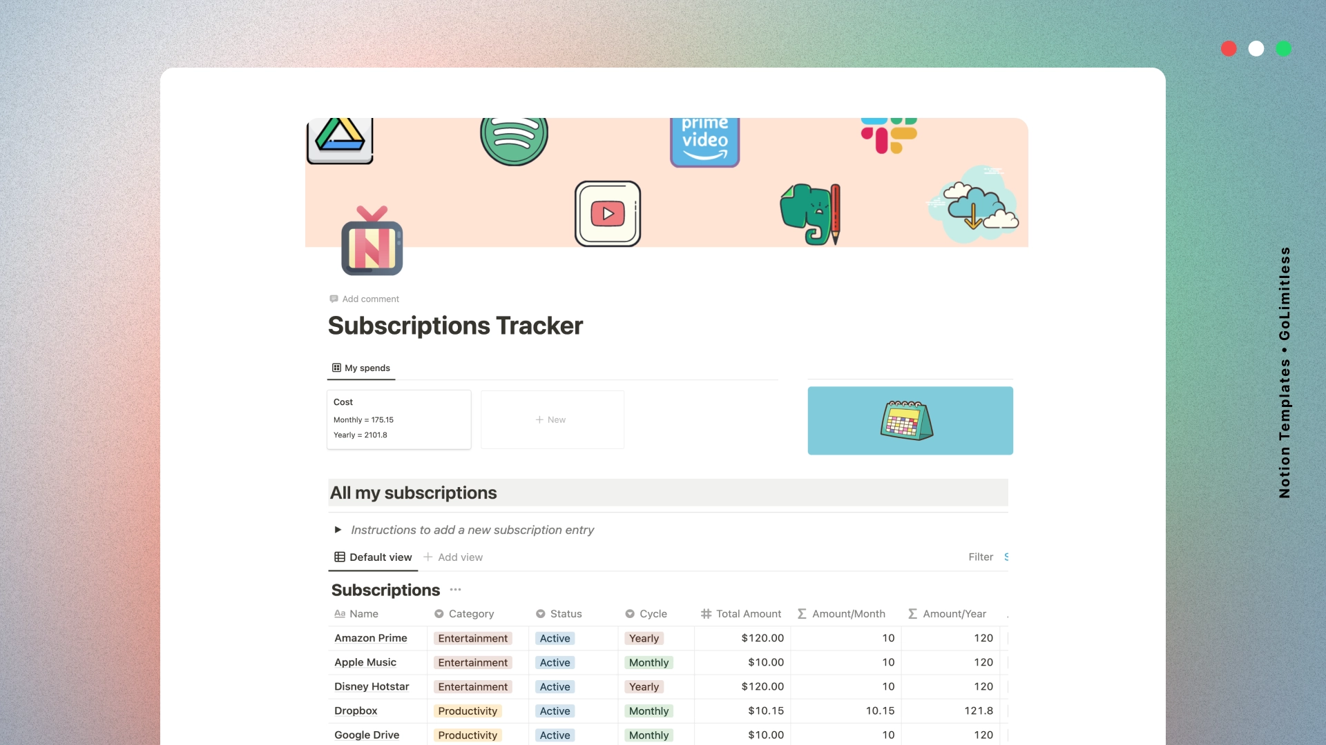 Notion Limitless  Subscriptions Tracker