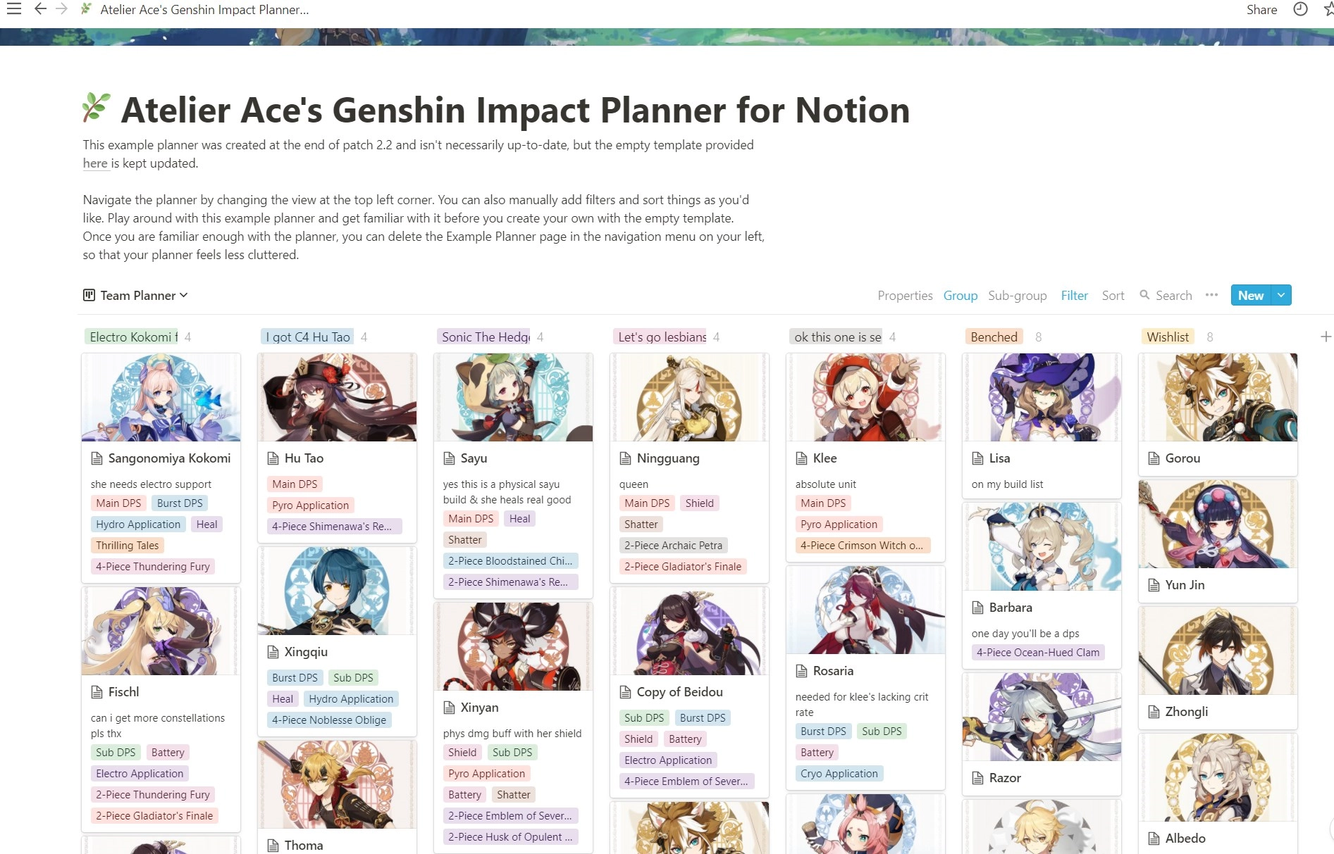 Notion Planner for Genshin Impact