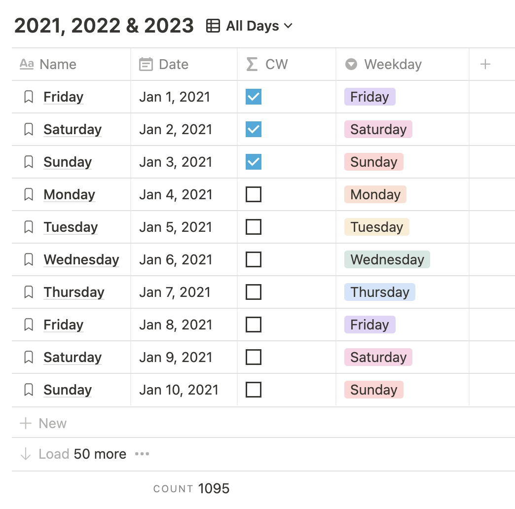 Prefilled Dates for 2021, 2022 and 2023