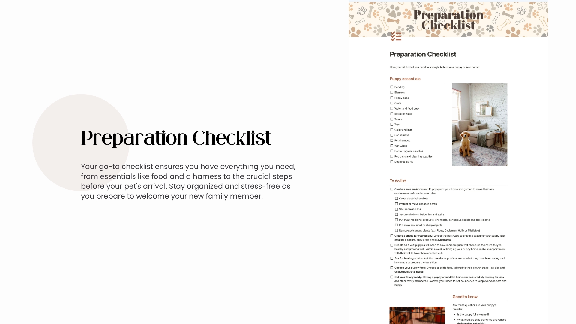 Notion Preparing For A New Puppy - Pet Care Planner